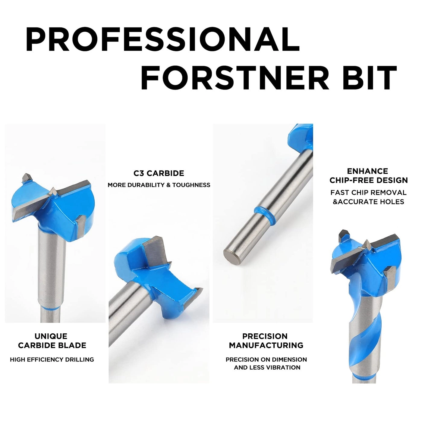 Forstner Bit Set - C3 Carbide 8 Pcs 1/4"(6.35Mm), 3/8"(9.52Mm), 1/2"(12.7Mm), 5/8"(15.9Mm), 3/4"(19.05Mm), 7/8"(22.2Mm), 1"(25.4Mm), 1-3/8"(34.9Mm)
