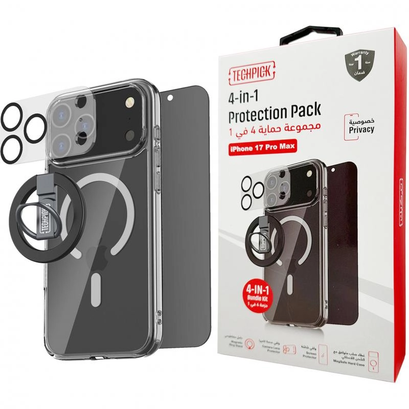 Clear Case + Privacy Tempered Glass + Camera Lens Protector + Magnetic Stand for iPhone 16 Pro Max