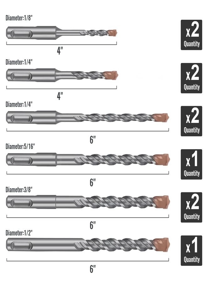 SDS Plus Rotary Hammer Drill Bit Set - Carbide Tipped 10 Pack 1/8" 1/4" 5/16" 3/8" 1/2"