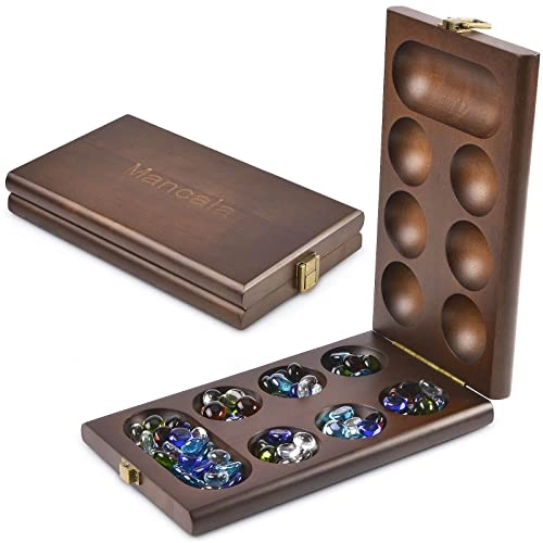 Mancala - Wooden Folding 728 Bonus Multi Color Glass Stones