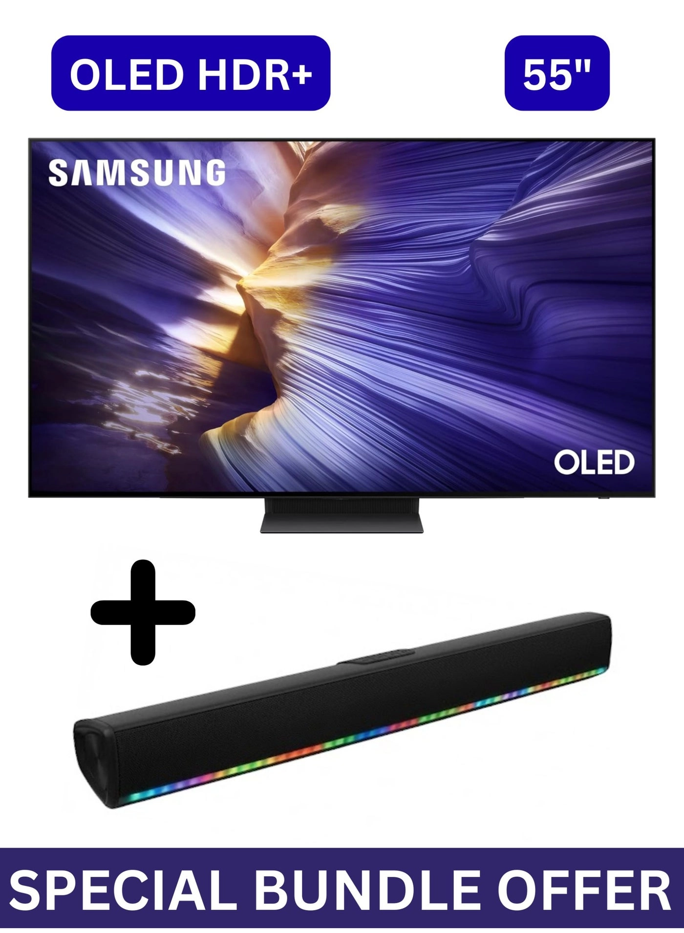 Samsung TV 55S90F 55" + 2.0 Channel Portable Soundbar With Built In Battery & LED Lights