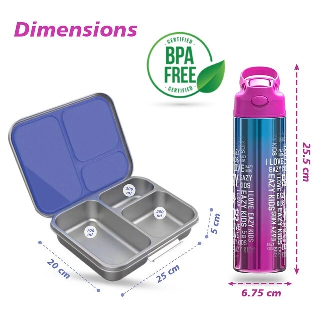 3 Compartment Bento Steel Lunch Box - 1750ml + Stainless Steel Water Bottle - 530ml