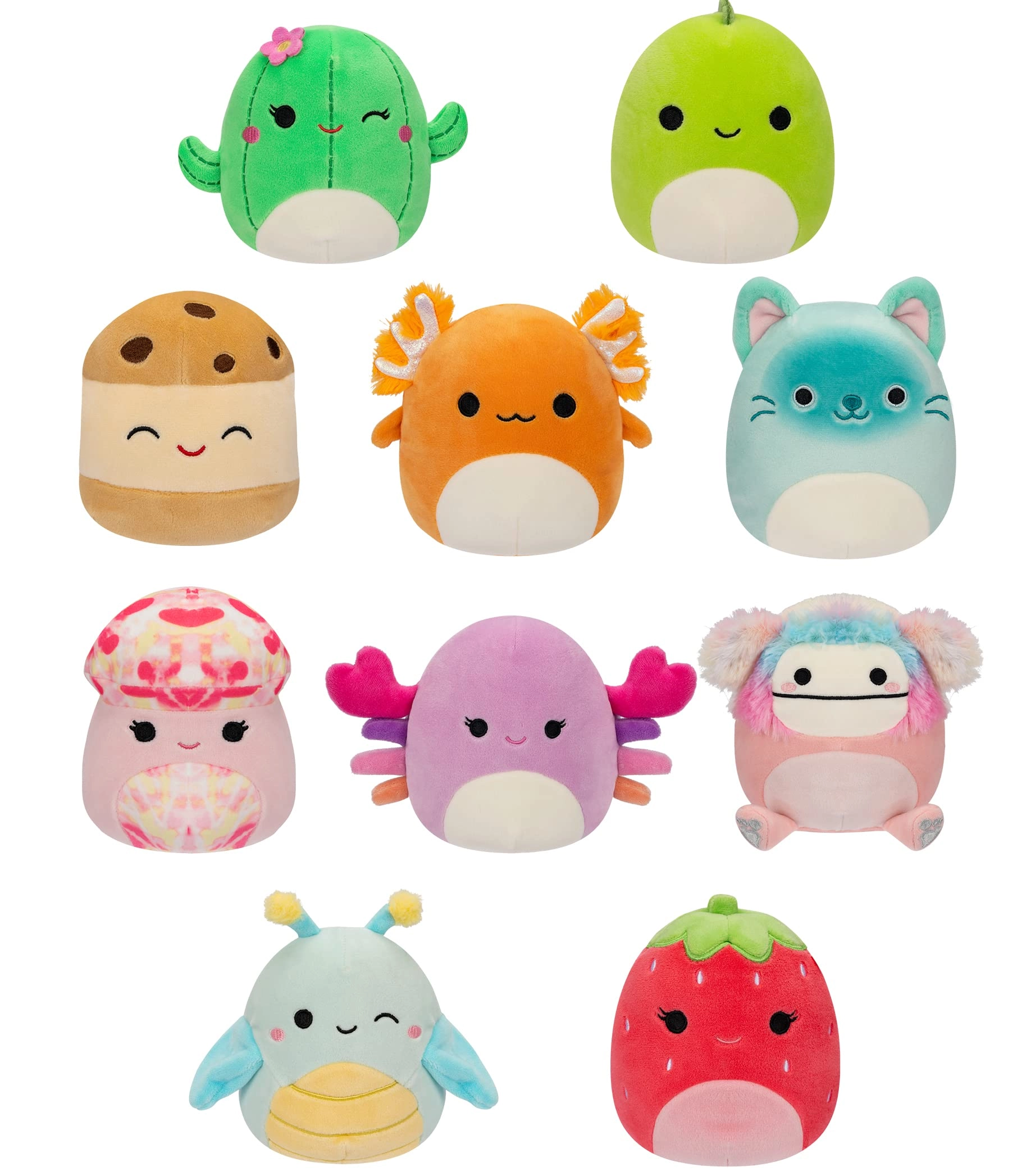 Squishmallows Diane Bigfoot - 5-Inch Plush + Giles Grasshopper + Maritza Cactus + Nico Axolotl + Rachel Mushroom