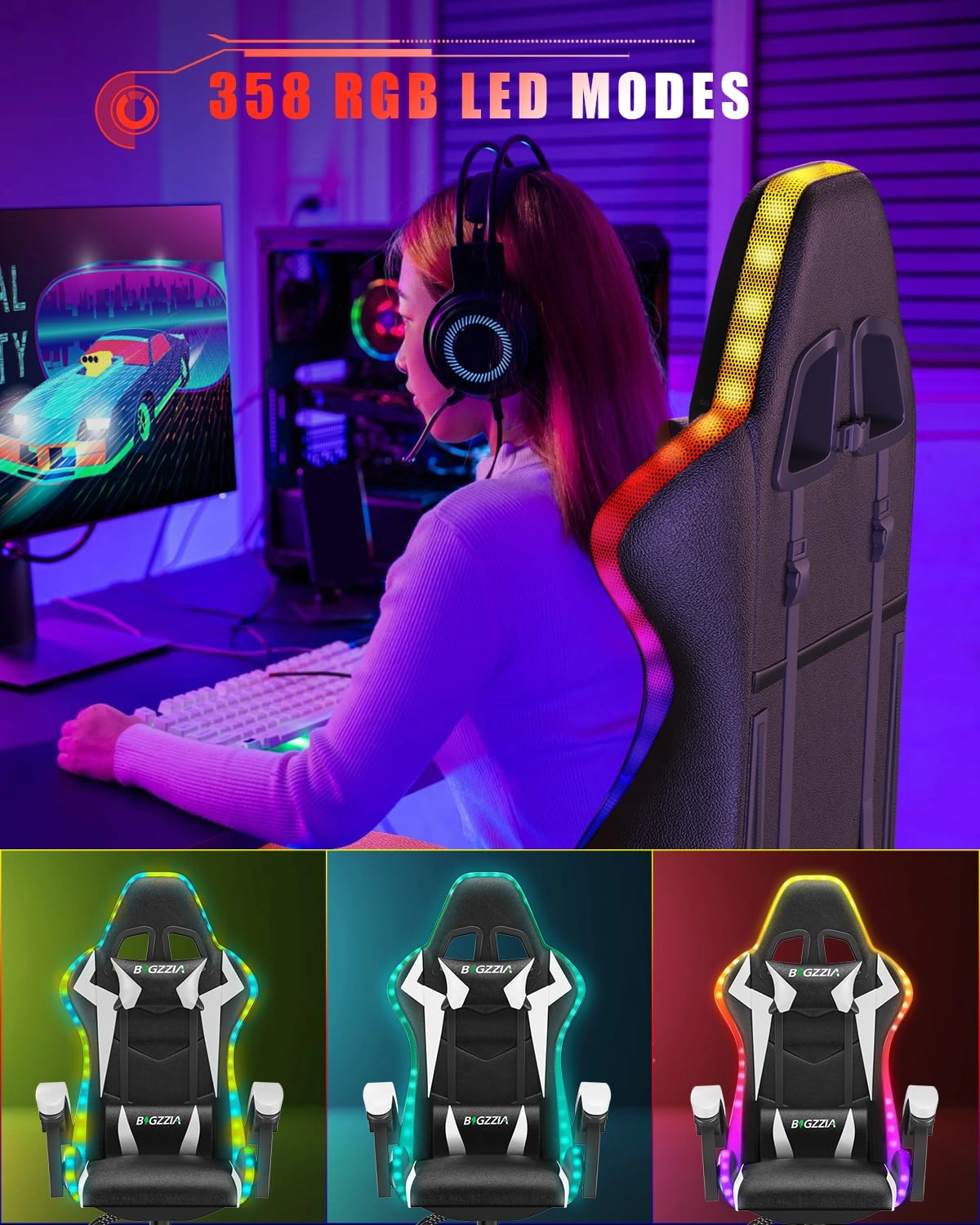 white LED gaming chair - RGB Reclining PU Leather