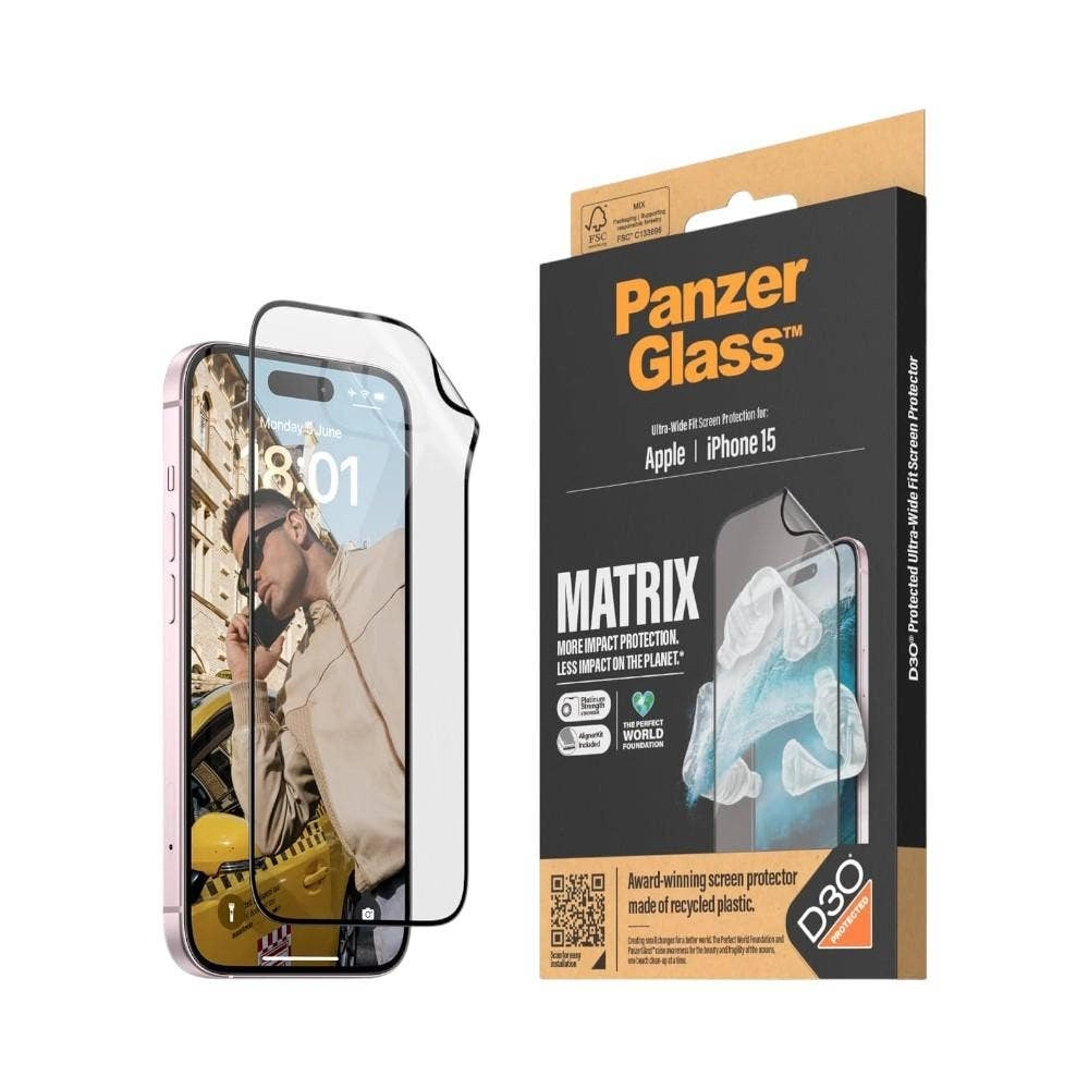 PanzerGlass Clear Scratch Resistant Recycled Plastic Screen Protector for iPhone 15