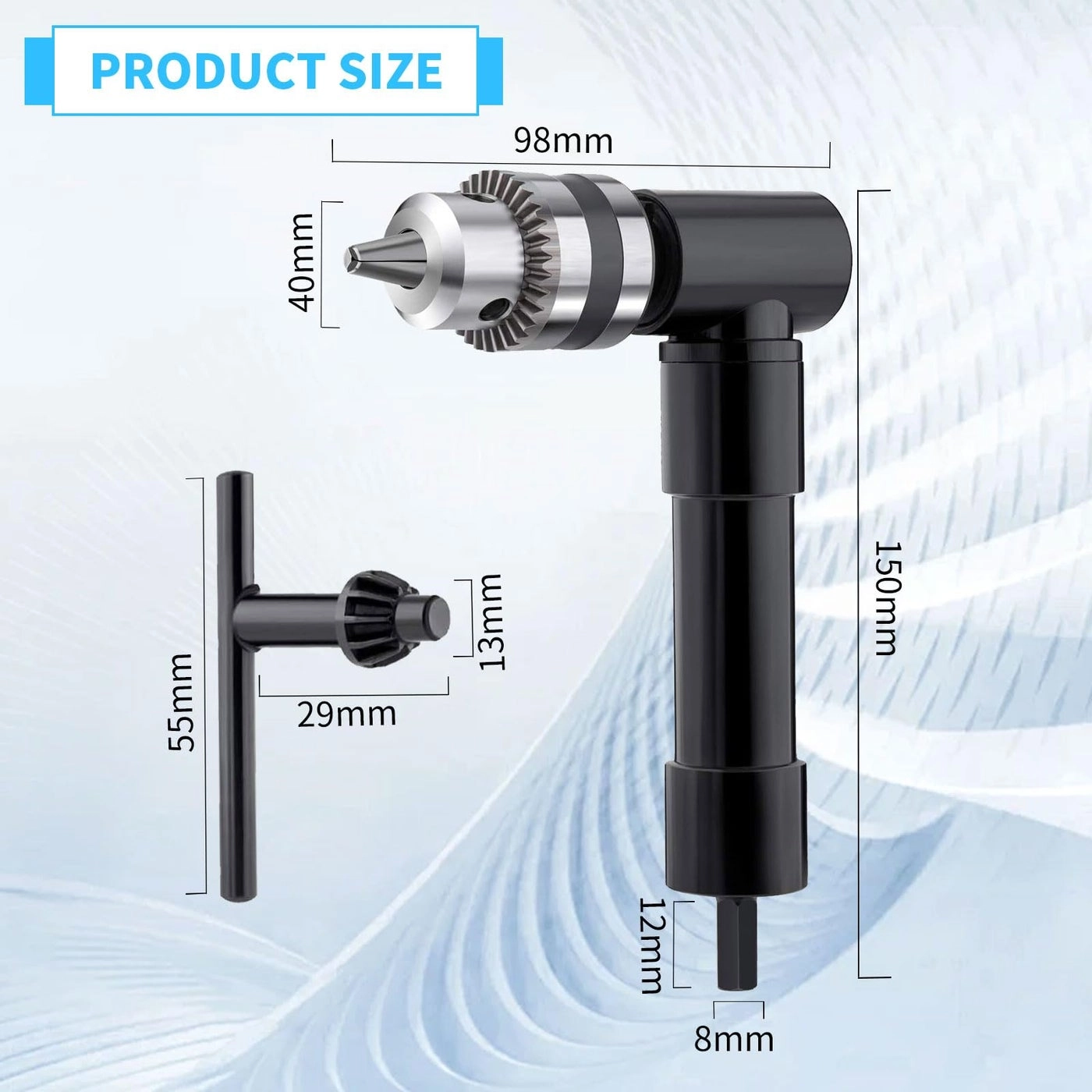Right Angle Drill Adapter - Cordless 3/8" Keyed Chuck 8mm Hex Shank