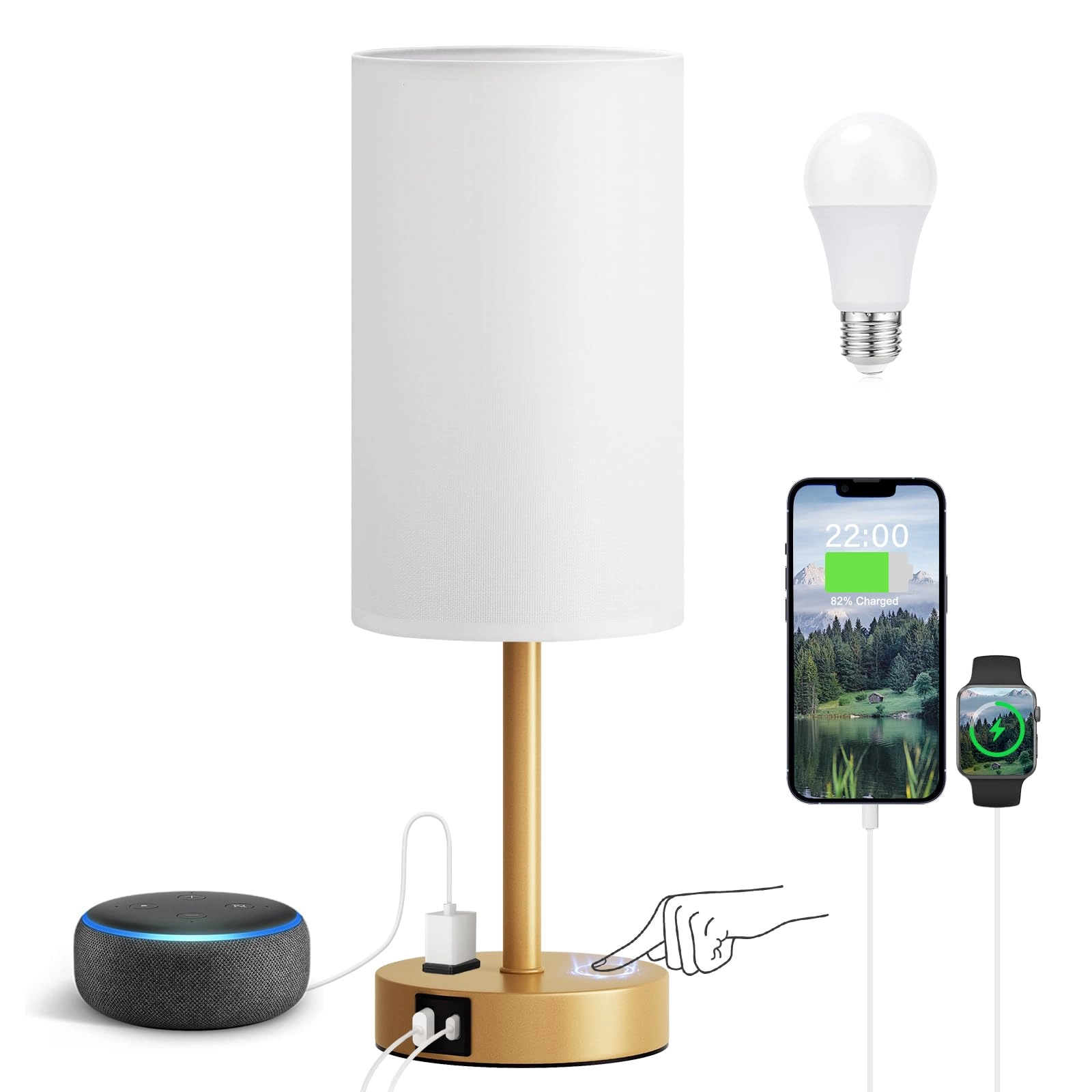 fenmzee Touch Bedroom Lamp - 3-Way Dimmable USB A+C Charging 17.4inch