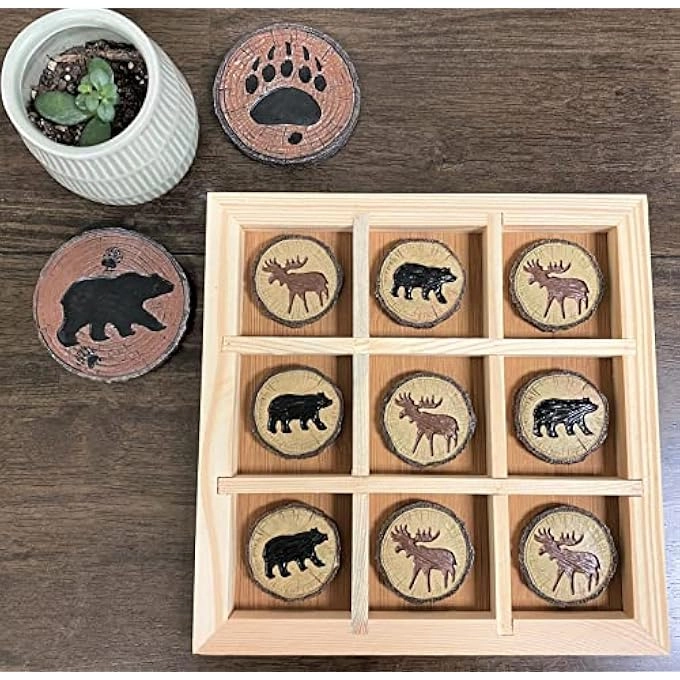 Tic Tac Toe - Rustic Wood Cut Log Bear and Moose Prints