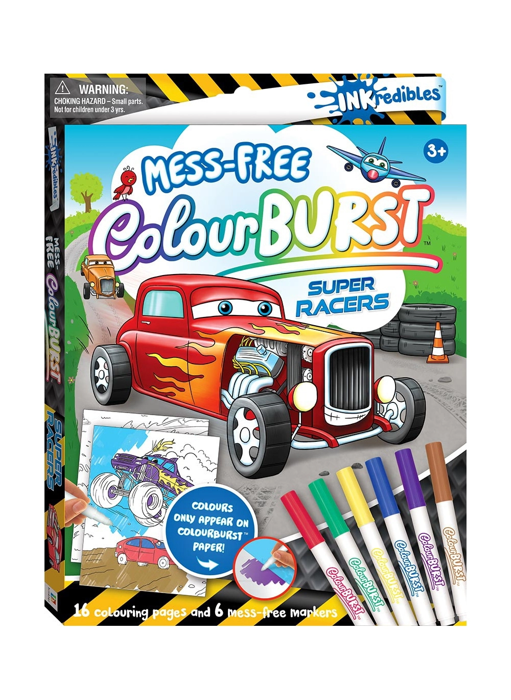 Colour Burst - Super Racers - 16 Colouring Pages and 6 Mess-Free Markers | Box Set