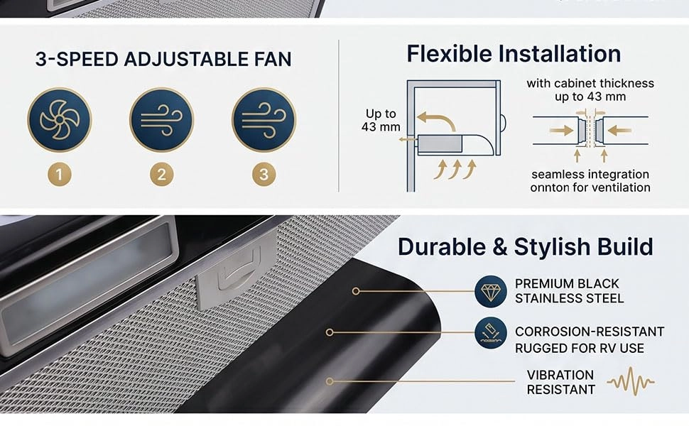 RV Range Hood - 3 Gears 12V DC