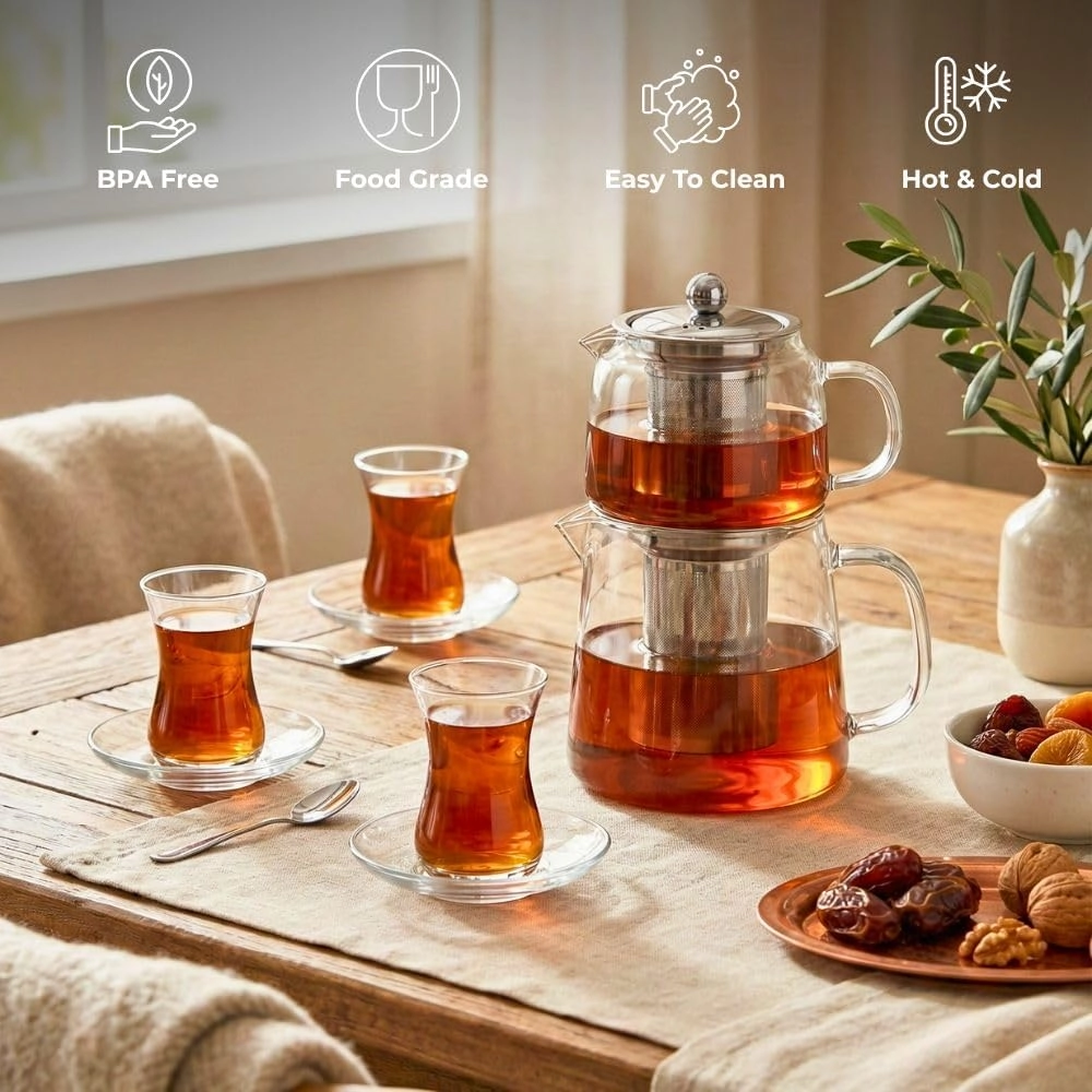 Borosilicate Glass Turkish Tea Maker Set (Çaydanlık) - Borosilicate Glass 450ML 1500ML