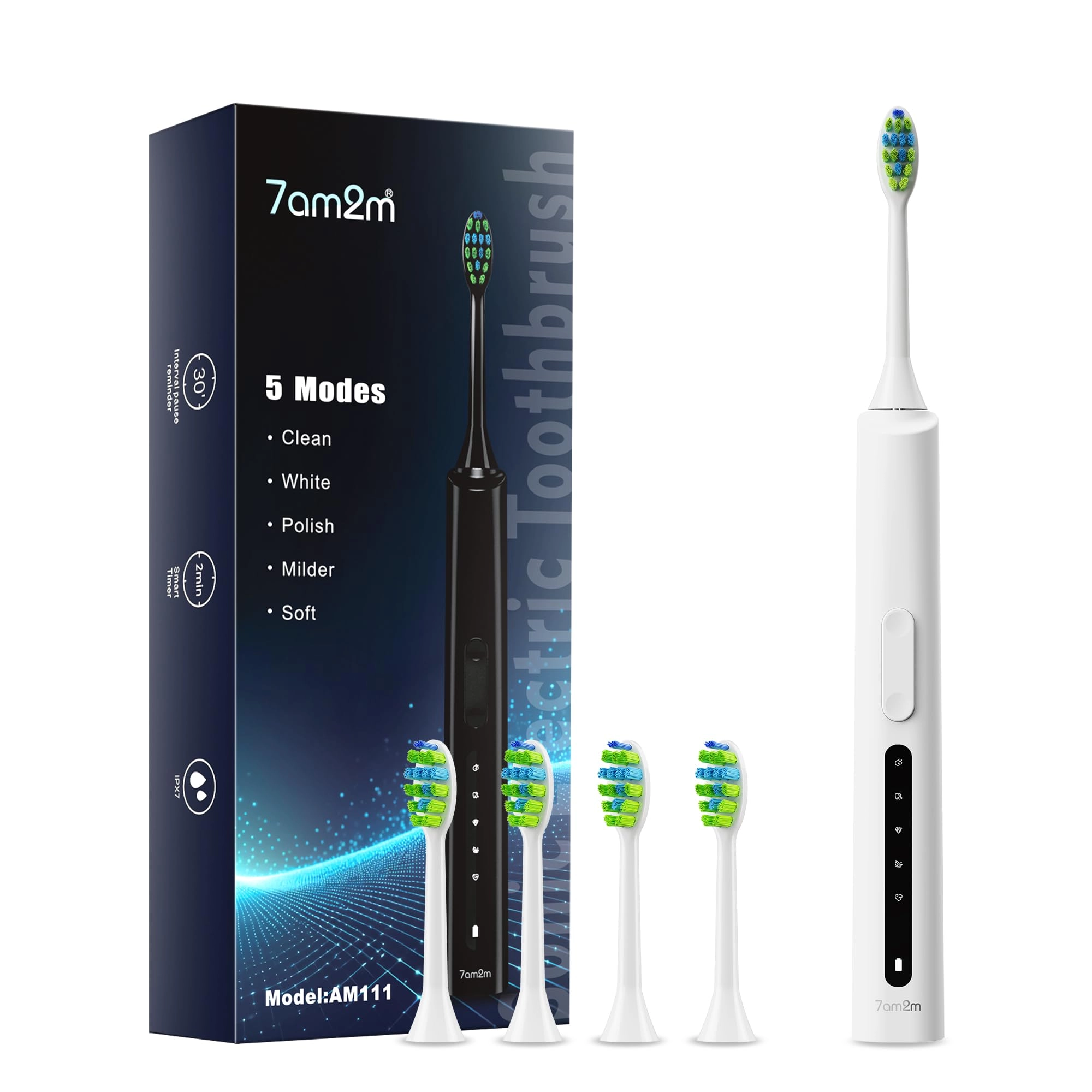 7AM2M Sonic Electric Toothbrush - 40000VPM 5 Modes 4 Brush Heads