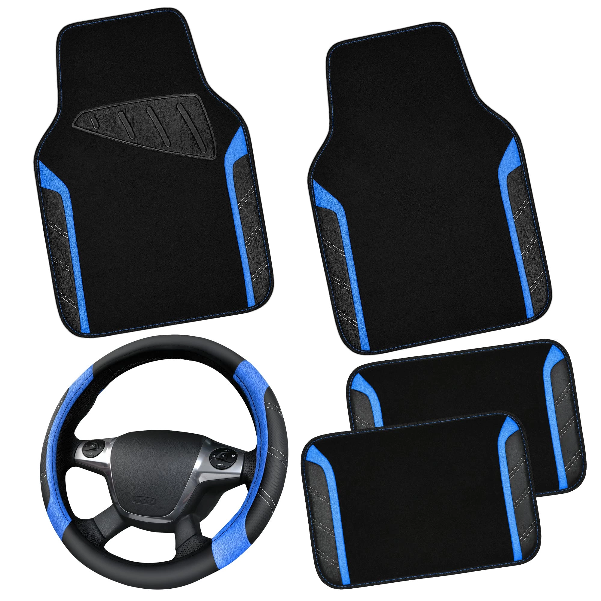 Car Seat Covers - Air Mesh Leather + Car Floor Mats - Waterproof + Steering Wheel Cover - Sporty