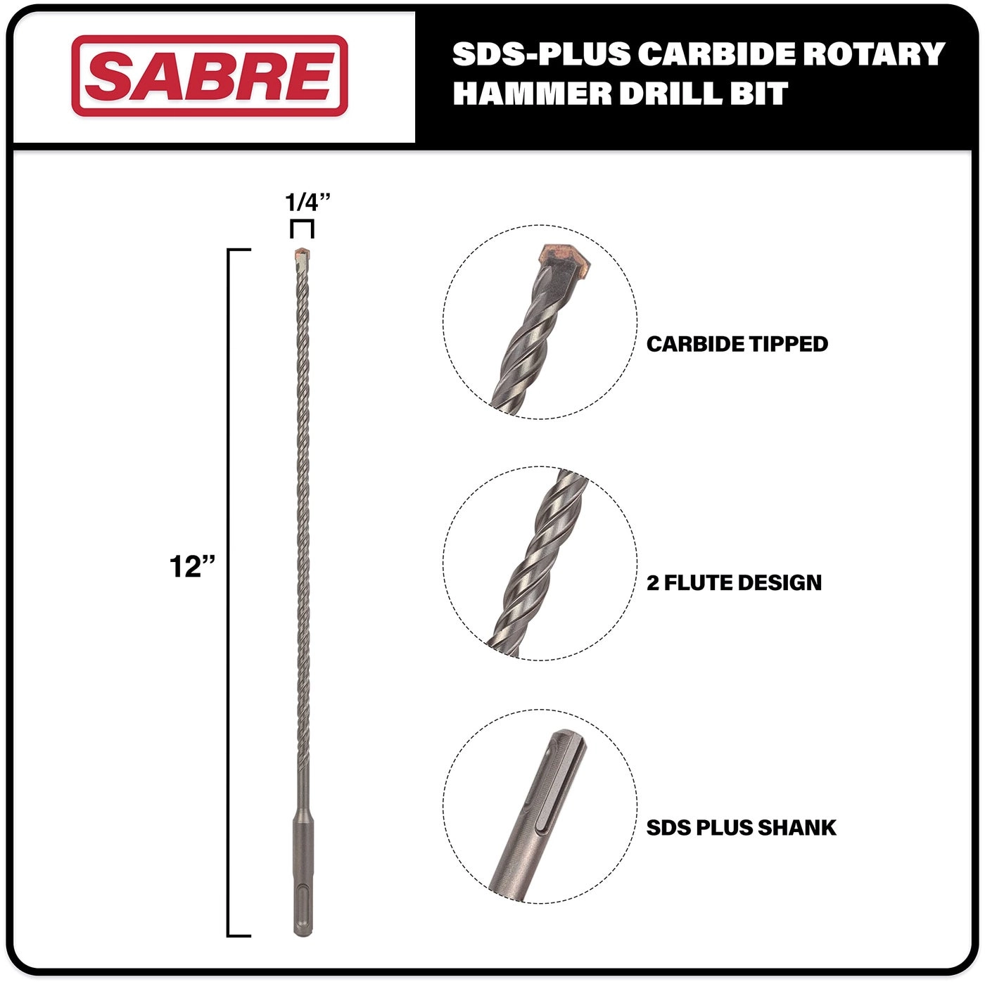 SDS Plus Rotary Hammer Drill Bit - Carbide Tipped 1/4 Inch x 12 Inch