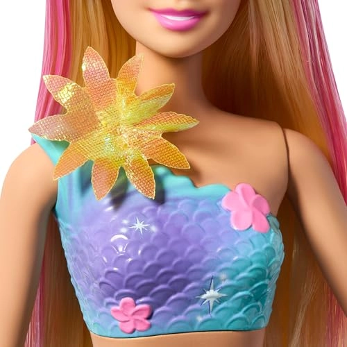 Barbie Flower Magic Mermaid - Long Blonde Hair Pink Highlights Ombre Tail Ages 3+