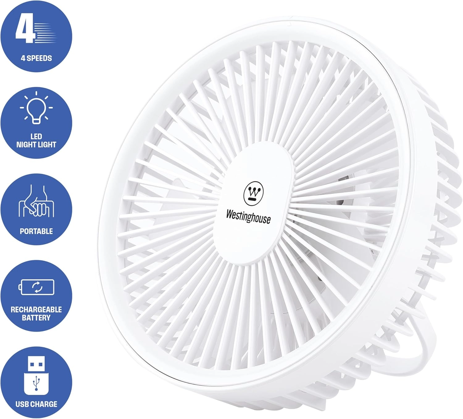 Rechargeable Desk Fan - LED Night Light 4-Speed USB