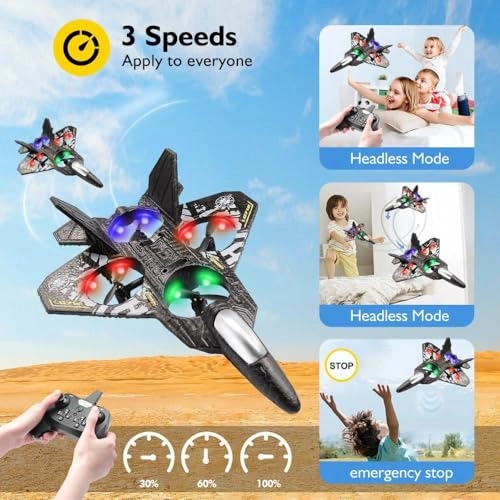 RC Fighter Jet Drone - LED Lights 3-Speed Headless Mode