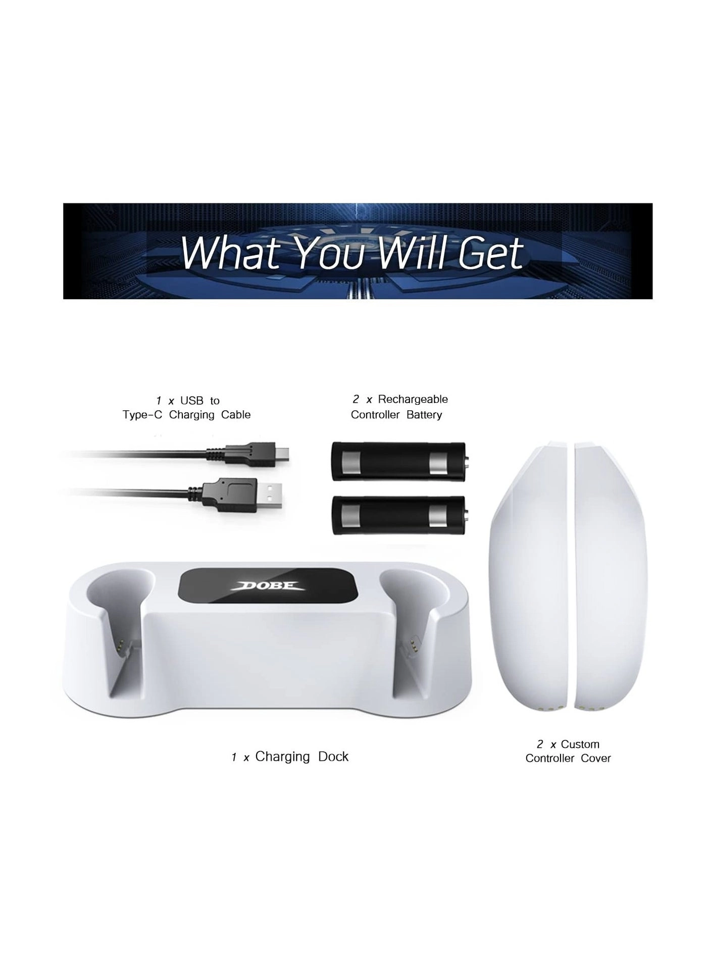 Charging Dock for Oculus Quest 2 Controllers - Fast Charging 2 Rechargeable Batteries Type-C Charging Cable Set