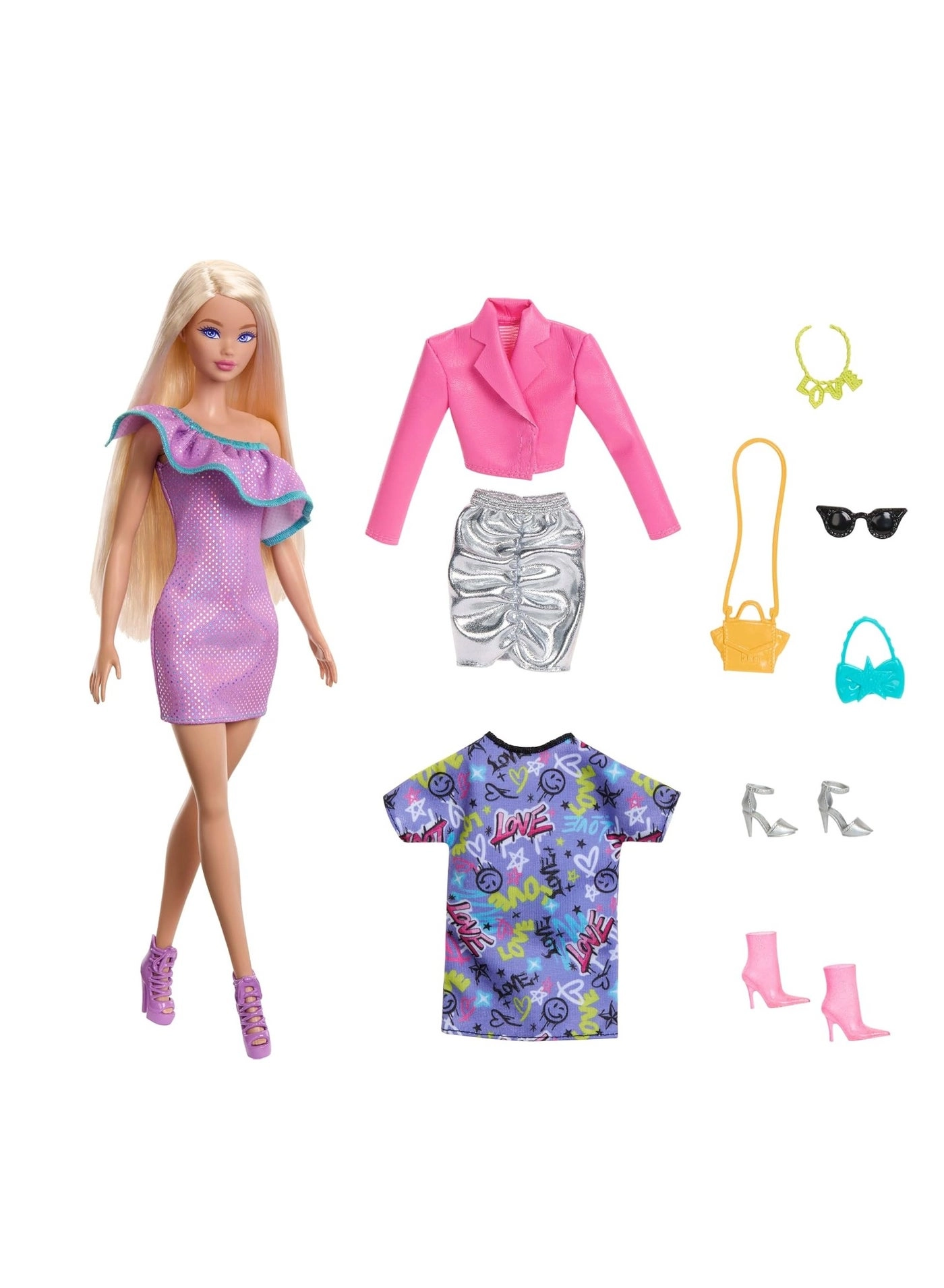 Barbie Doll and Fashions Gift Set - three complete outfits 2 handbags 3 sets of shoes