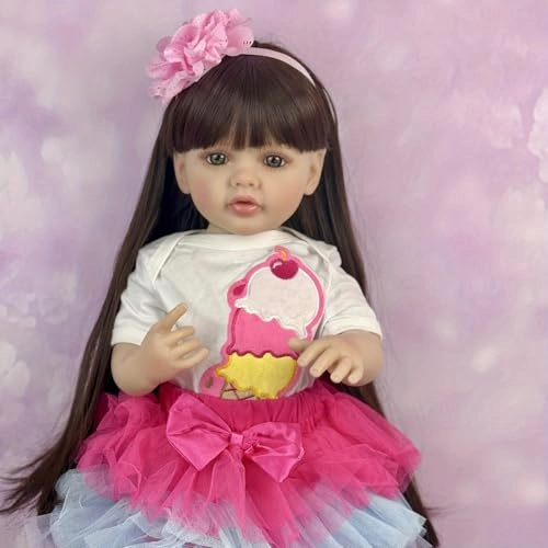 Reborn Baby Doll - 55 CM Vinyl Body Girl Brown Long Hair Ages 3+