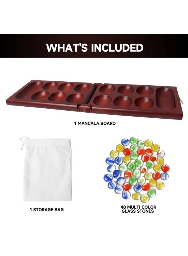 Folding Wooden Mancala - Multi-Color Glass Stones Storage Bag