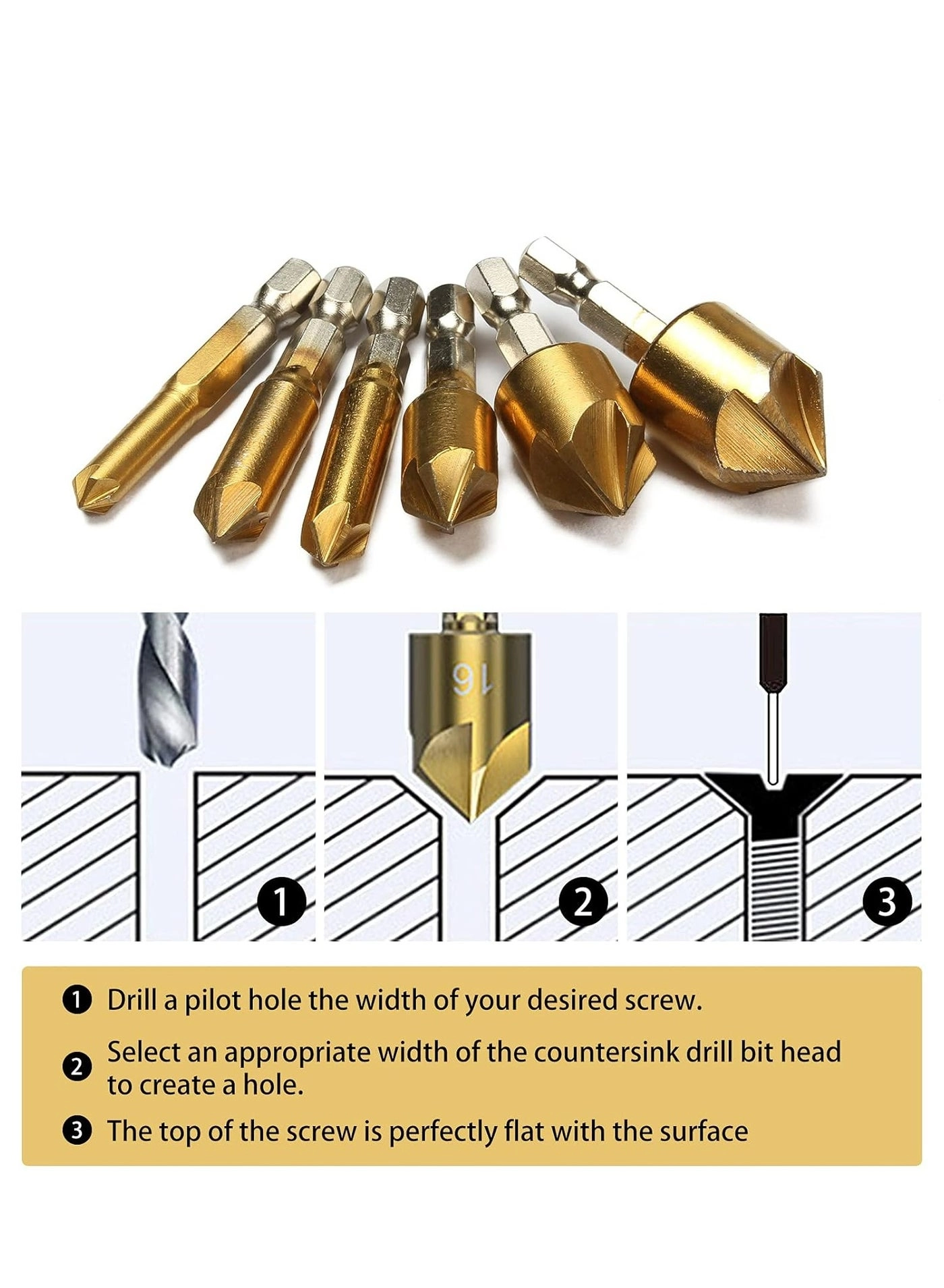 Countersink Drill Bit - HSS 6 Pcs 6mm(1/4'') 8mm(5/16'') 9mm(3/8'') 12mm(1/2'') 16mm(5/8'') 19mm(3/4'')