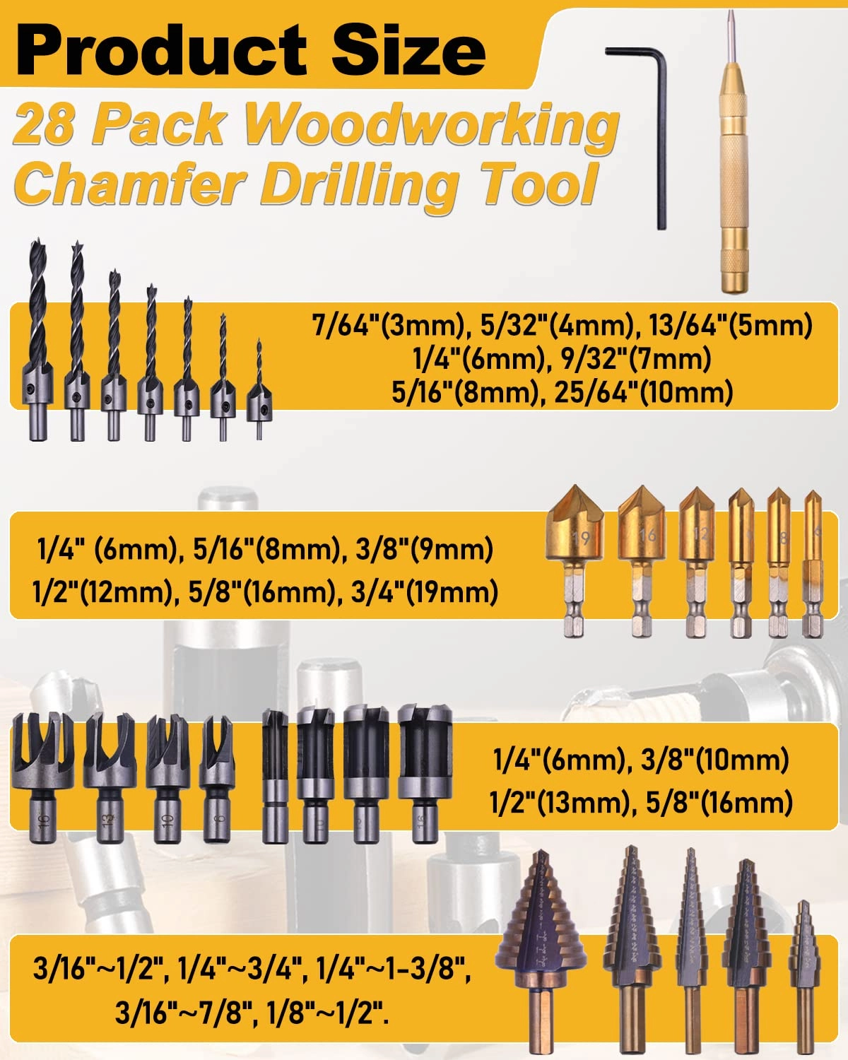 Chamfer Drilling Tool - 23pcs + 5 Flute Countersink Drill Bits - 6pcs + Three Pointed Countersink Drill Bit - 7pcs + Wood Plug Cutter - 8pcs + Automatic Center Punch - 1pcs