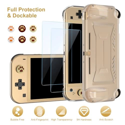 Switch Lite Carrying Case + Case Protector + Tempered Glass Screen Protector + Thumb Grips + Game Card Holder + Embroidery Sticker + Pendant + Stylus + Shoulder Strap + Wristband + Sticker - 18 in 1 Brown