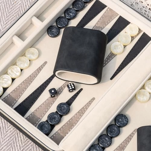 Backgammon Set - Foldable Leather Backgammon Case 30 Artificial Horn Checkers