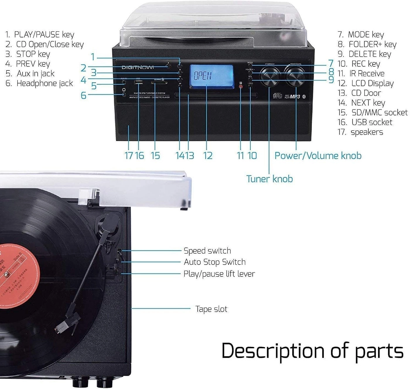 Record Player Turntable - Bluetooth LP Vinyl to MP3 Converter