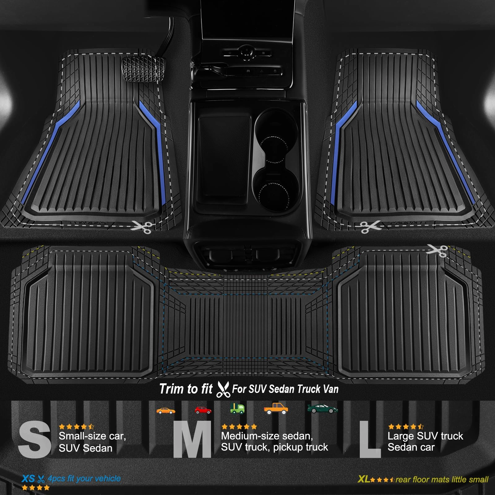 Heavy Duty Rubber Floor Mats - Universal Fit 3pcs Black Purple