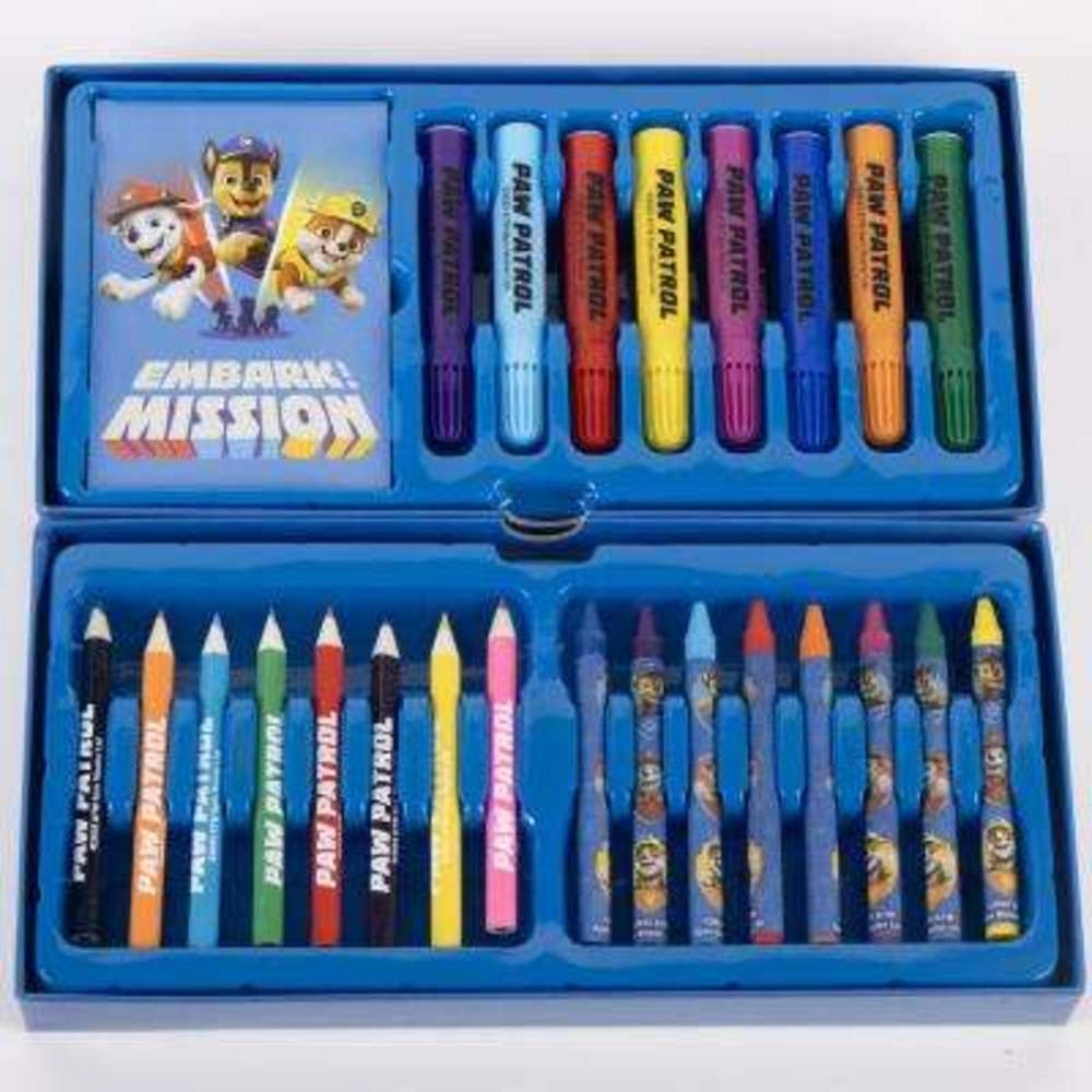 Colorable Stationery Set Briefcase - 8 colored markers 8 crayons 8 colored pens 8 colored pencils 1 pencil 1 eraser 1 pencil sharpener 1 artist book 1 color brush