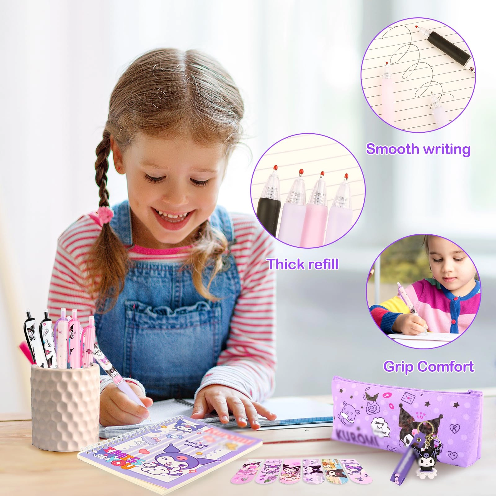 Gel Pens - 6 + Pencil Case - 1 + Notebook - 1 + Stickers - 50 + Bookmarks - 6 + Keychains - 1