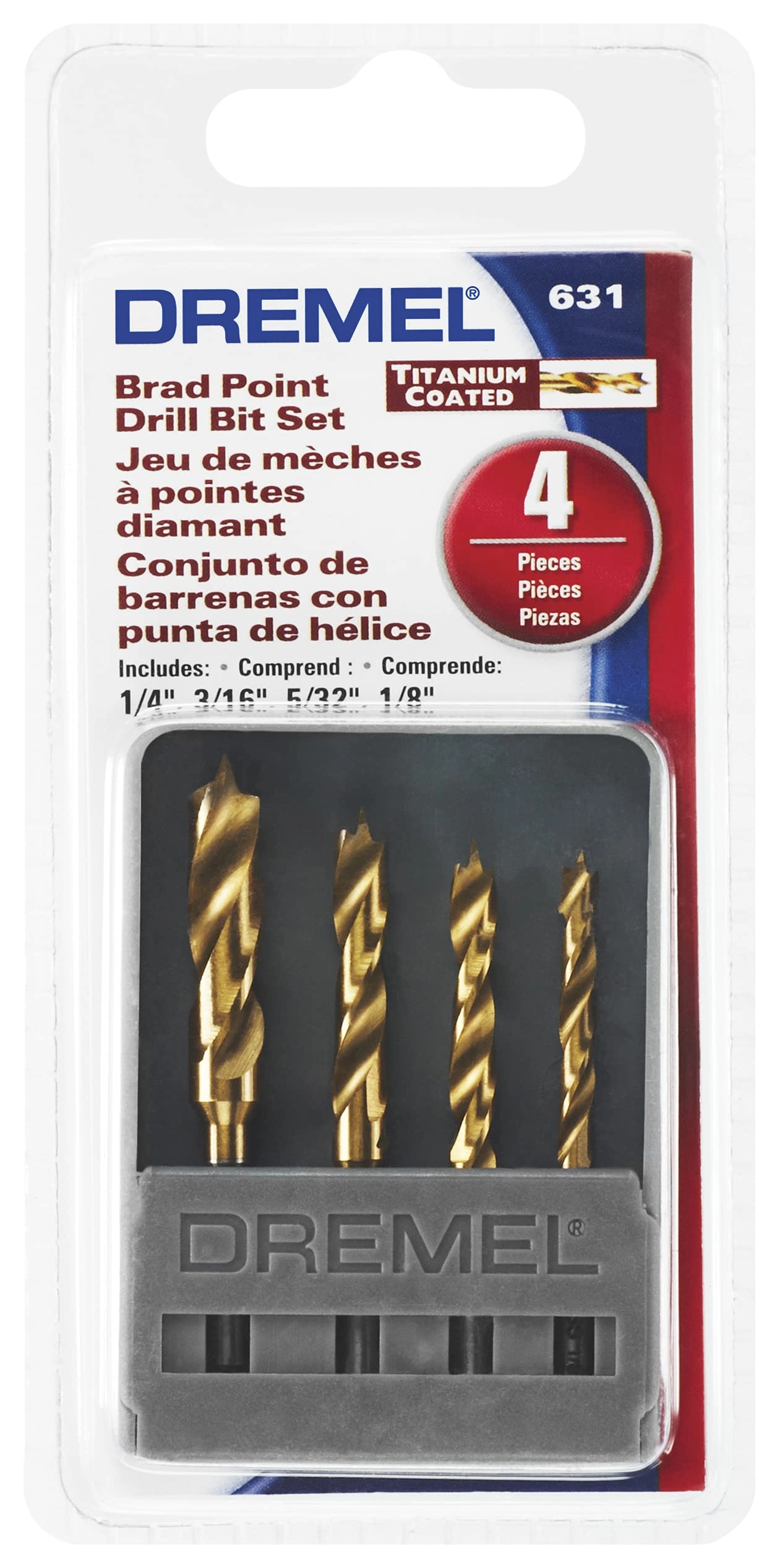 631 Brad Point Bits - Titanium coated 4 Pieces 1/8" 5/32" 3/16" 1/4"