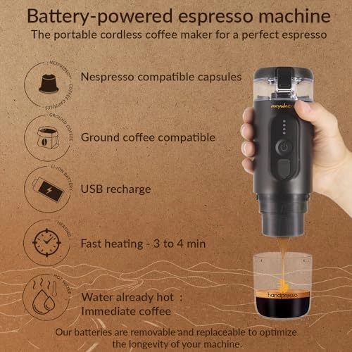 Portable Espresso Machine - 60 Milliliters Espresso Capsules or Ground Coffee