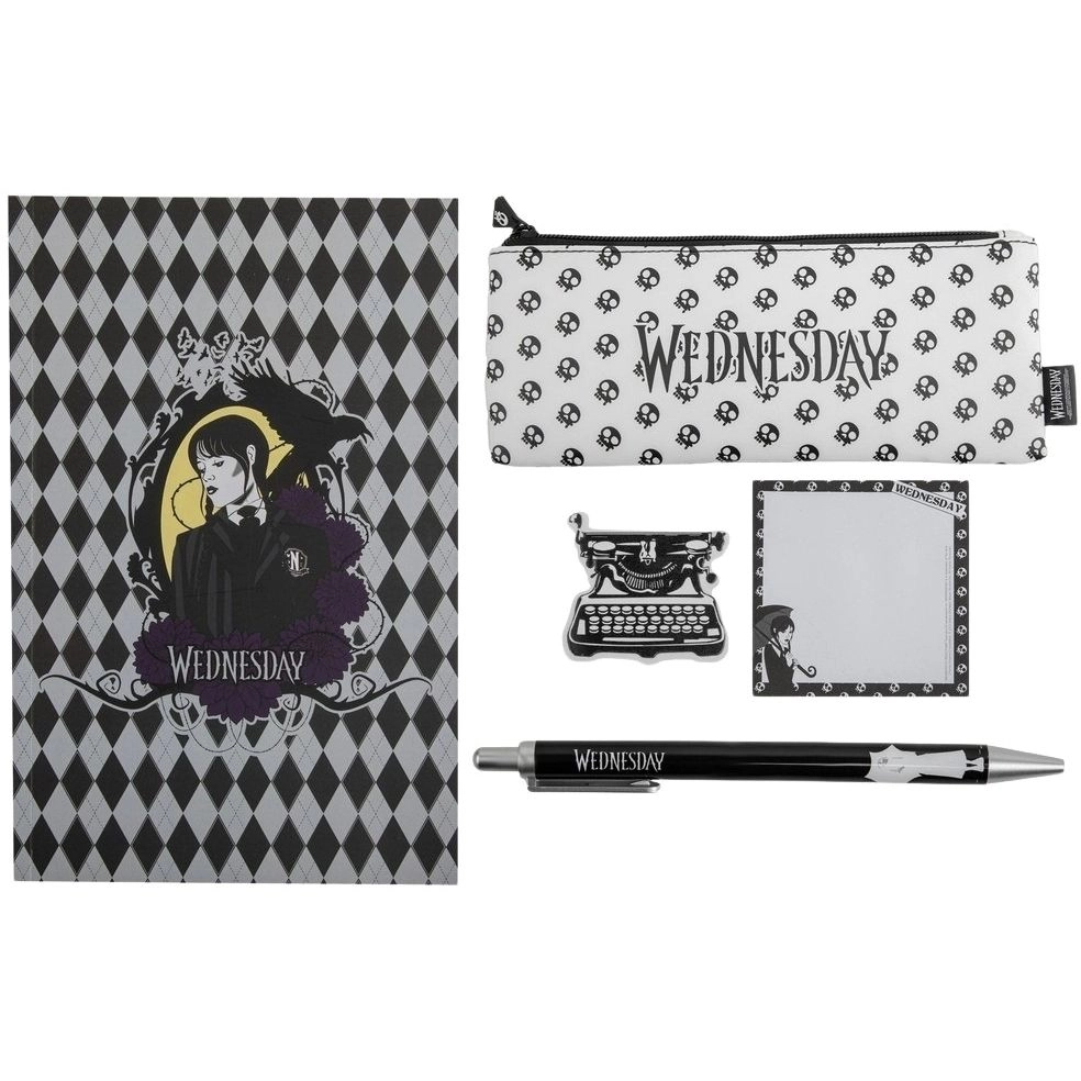 CINEREPLICA Wednesday Stationery Set - 1 pencil case 1 notebook 1 pen 1 eraser 1 memo pad