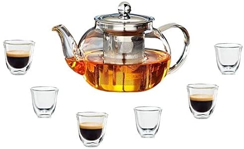 Lushh Borosilicate Heat-resistant Glass Tea Pot - Borosilicate 1000 ML + Double Walled Thermo Espresso Glasses - 80 ML