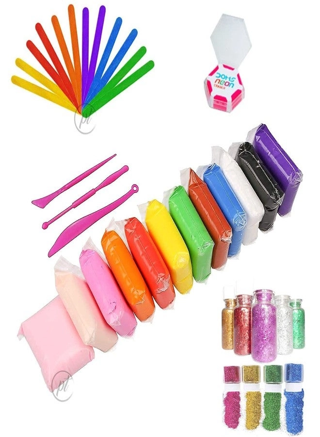 Promote Art Air Dry Clay + Ice Cream Sticks + Neon Eraser + Googly Eyes + Glitter 12pcs.