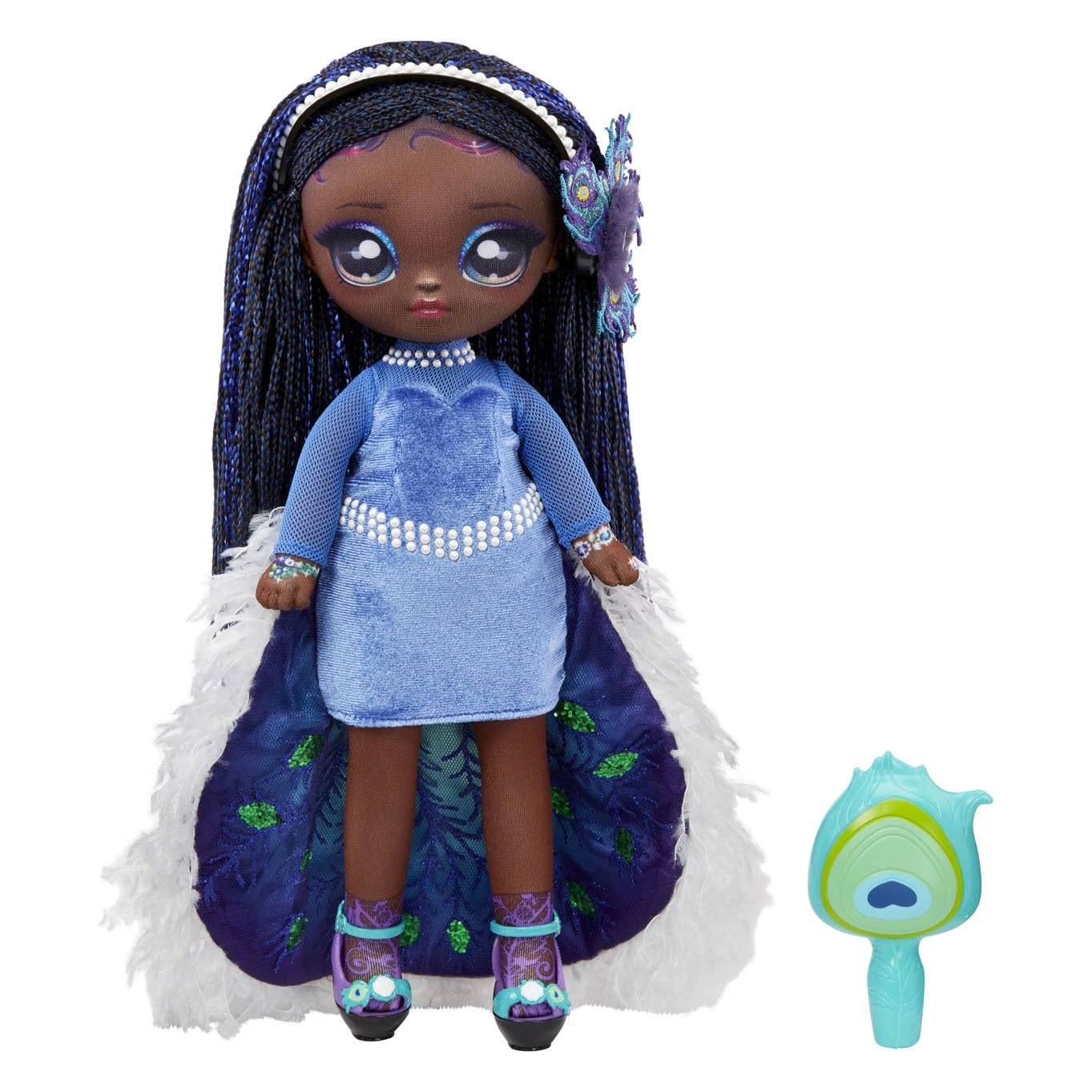 Na! Na! Na! Surprise Queenie Plume Fashion Doll - Soft Black Hair Peacock-Inspired Outfit