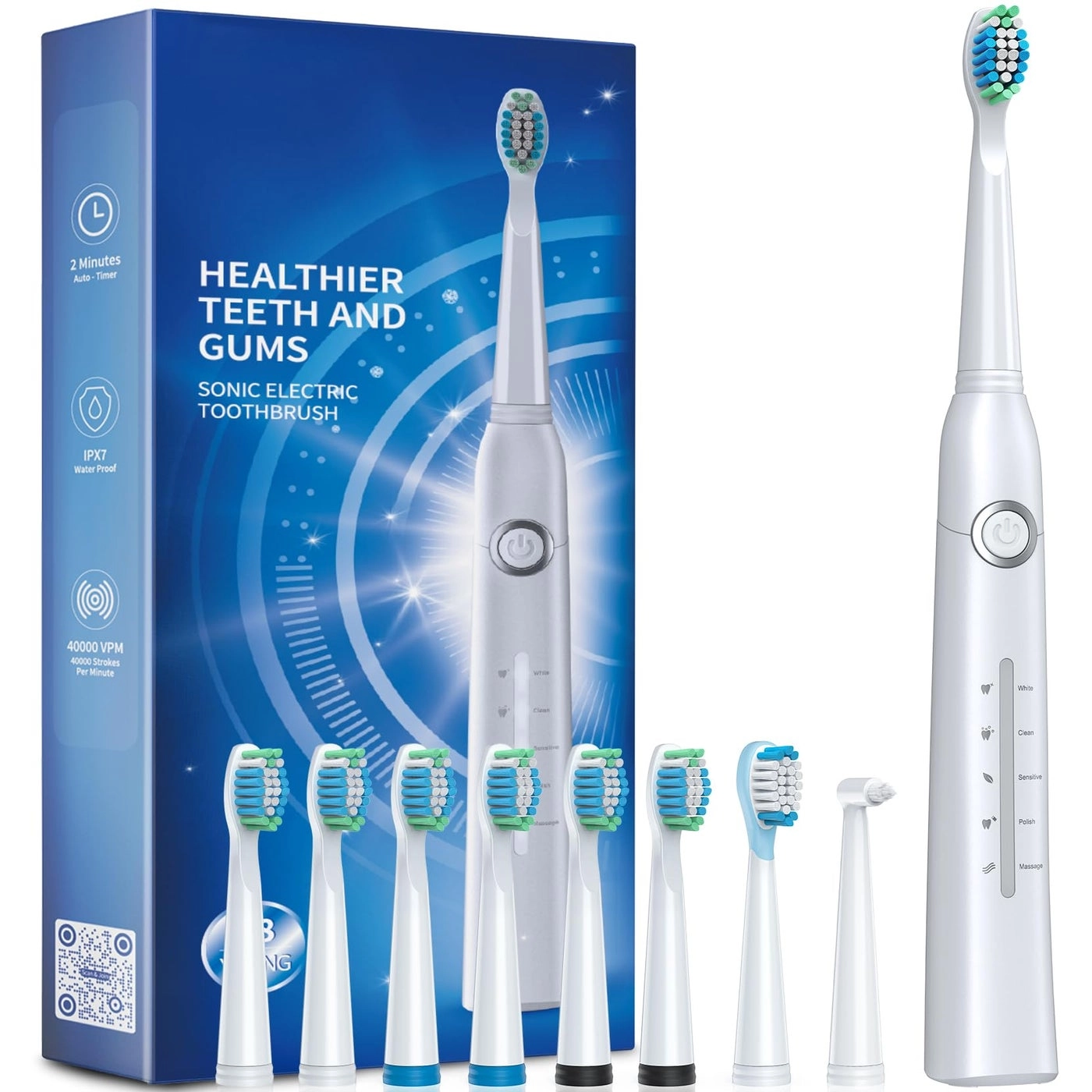 Sonic Electric Toothbrush - 8 Brush Heads 40000 VPM
