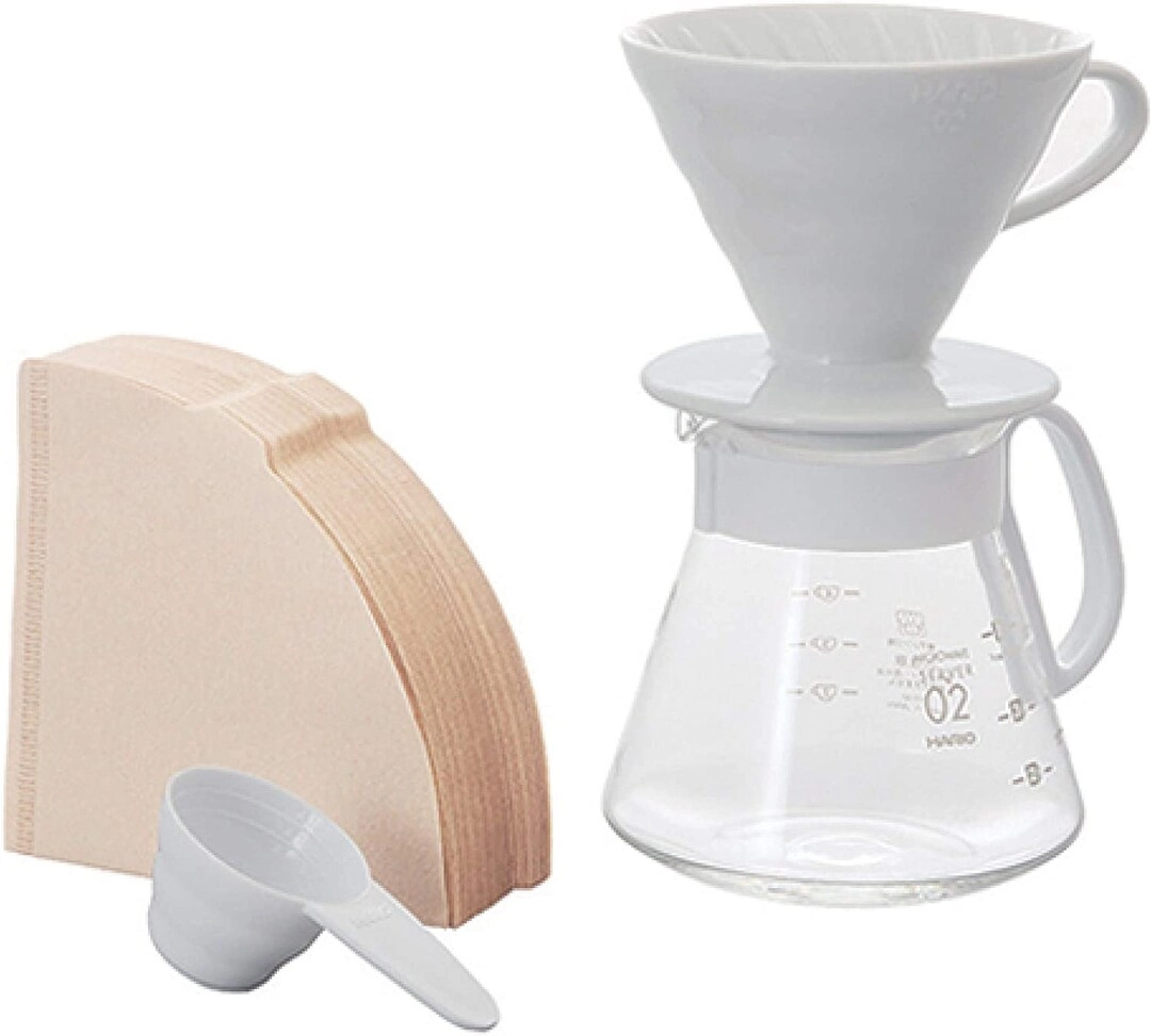 Hario V60 Dripper - Size 02 Xvdd-3012W + V60 Server + Scoop + V60 Filters - 100-Pack