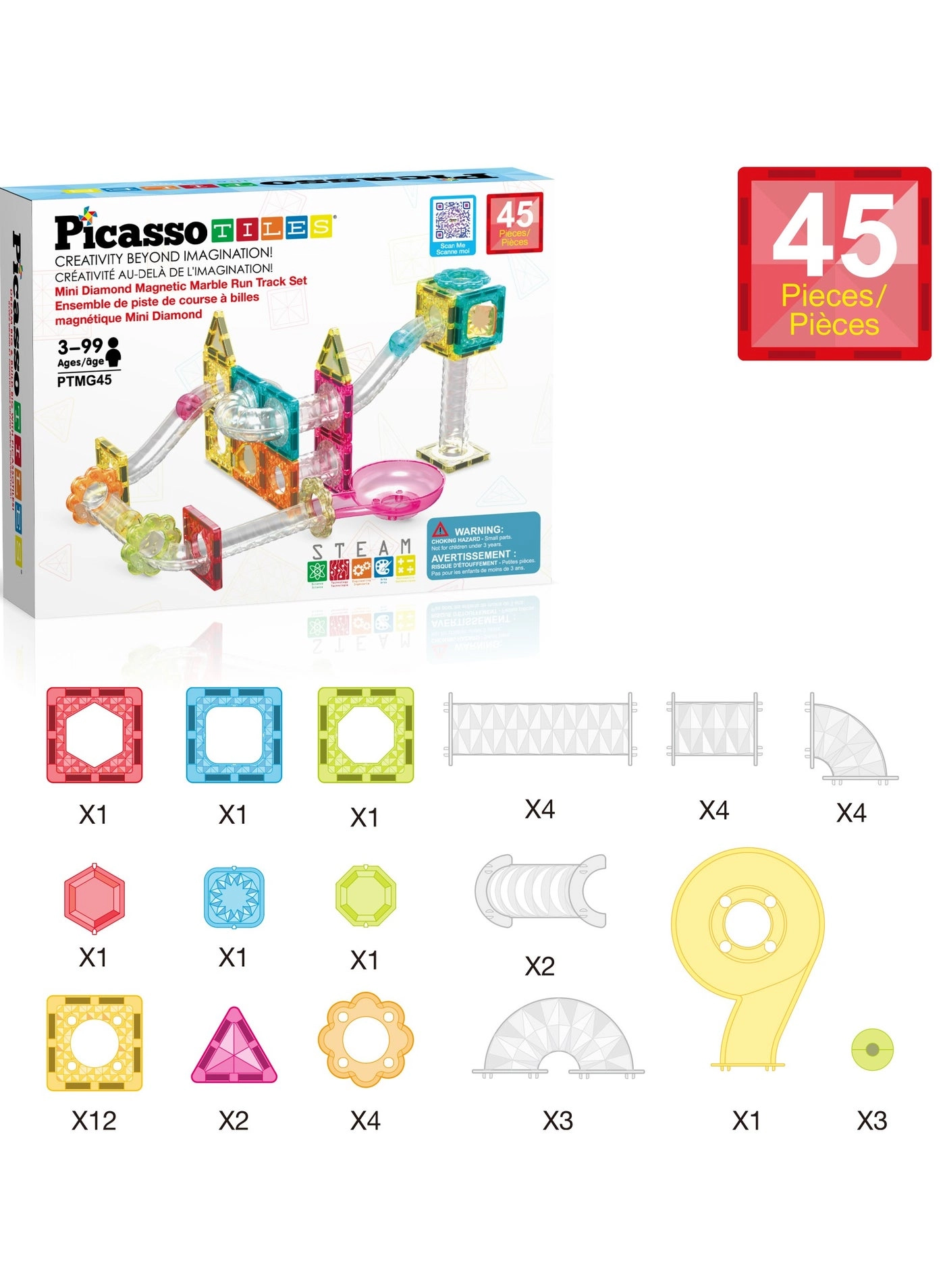 Magnetic Mini Diamond Marble Run Track Set - 45 pcs