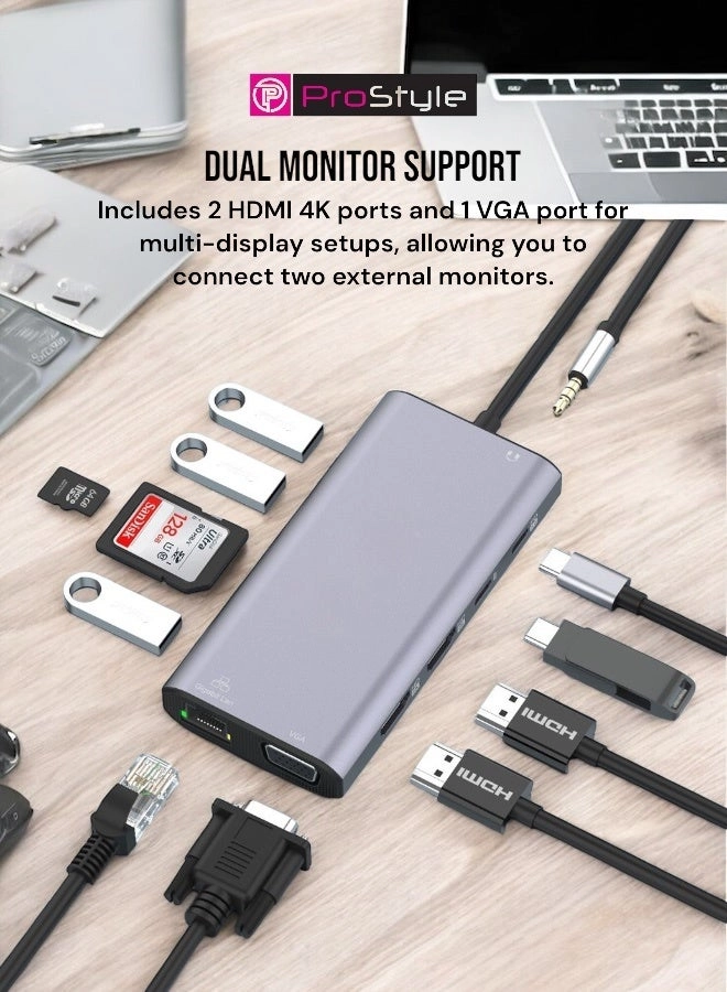 12-in-1 USB-C Hub - USB 3.0 HDMI Grey