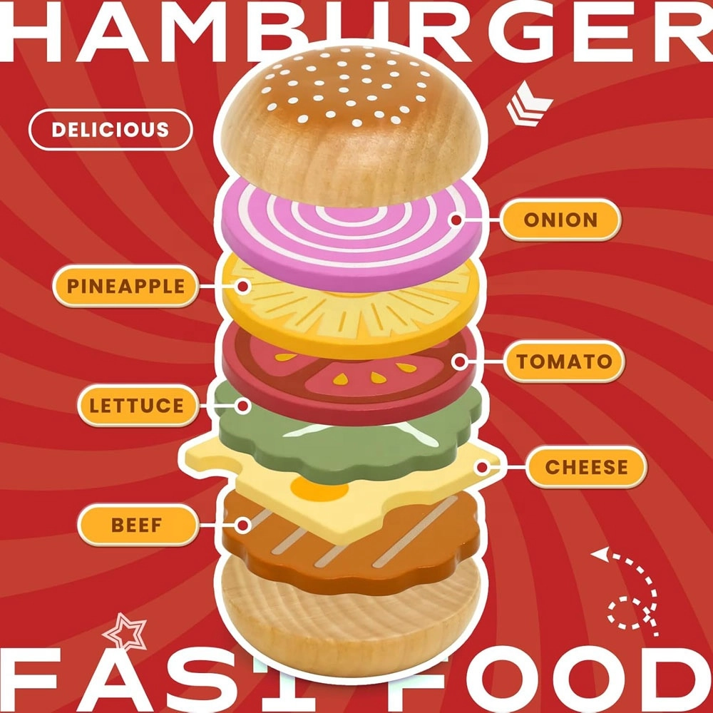 Kids Wooden Fast Food Burger & Fries Playset - 15+ Pcs