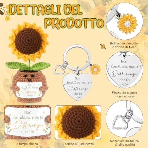 Sunflower Doll - knitted 15 x 5 cm + Keyring - stainless steel + Envelope with Dried Flowers