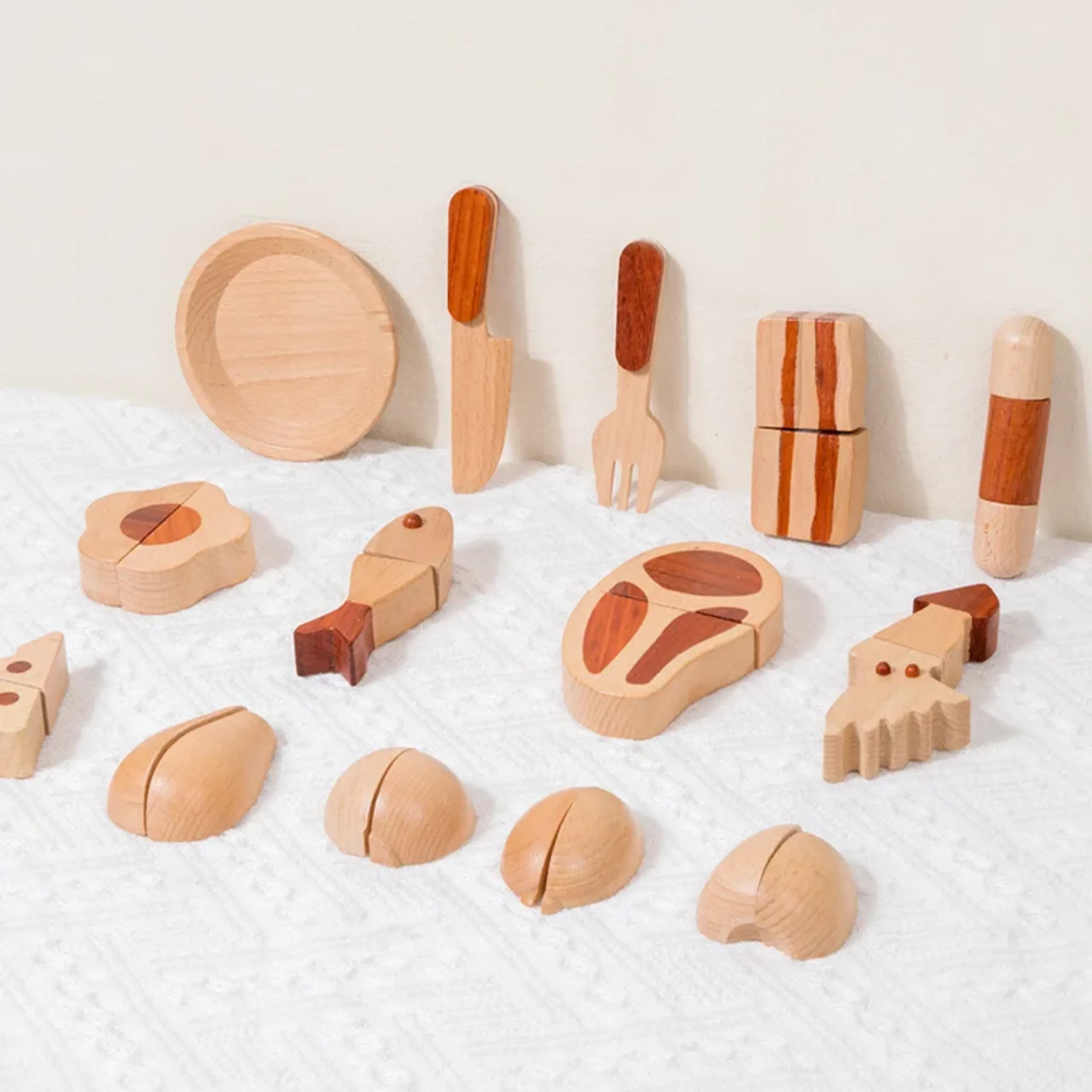 Natural Wooden Dinner Pretend Playset - Suitable for 3 years & above 15 pieces