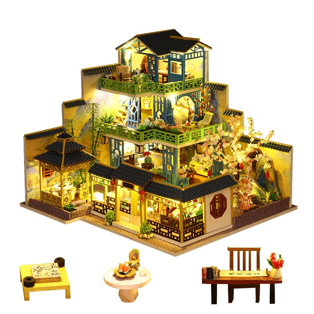 HJBHDOLL Miniature Villa Dollhouse - Wood DIY LED