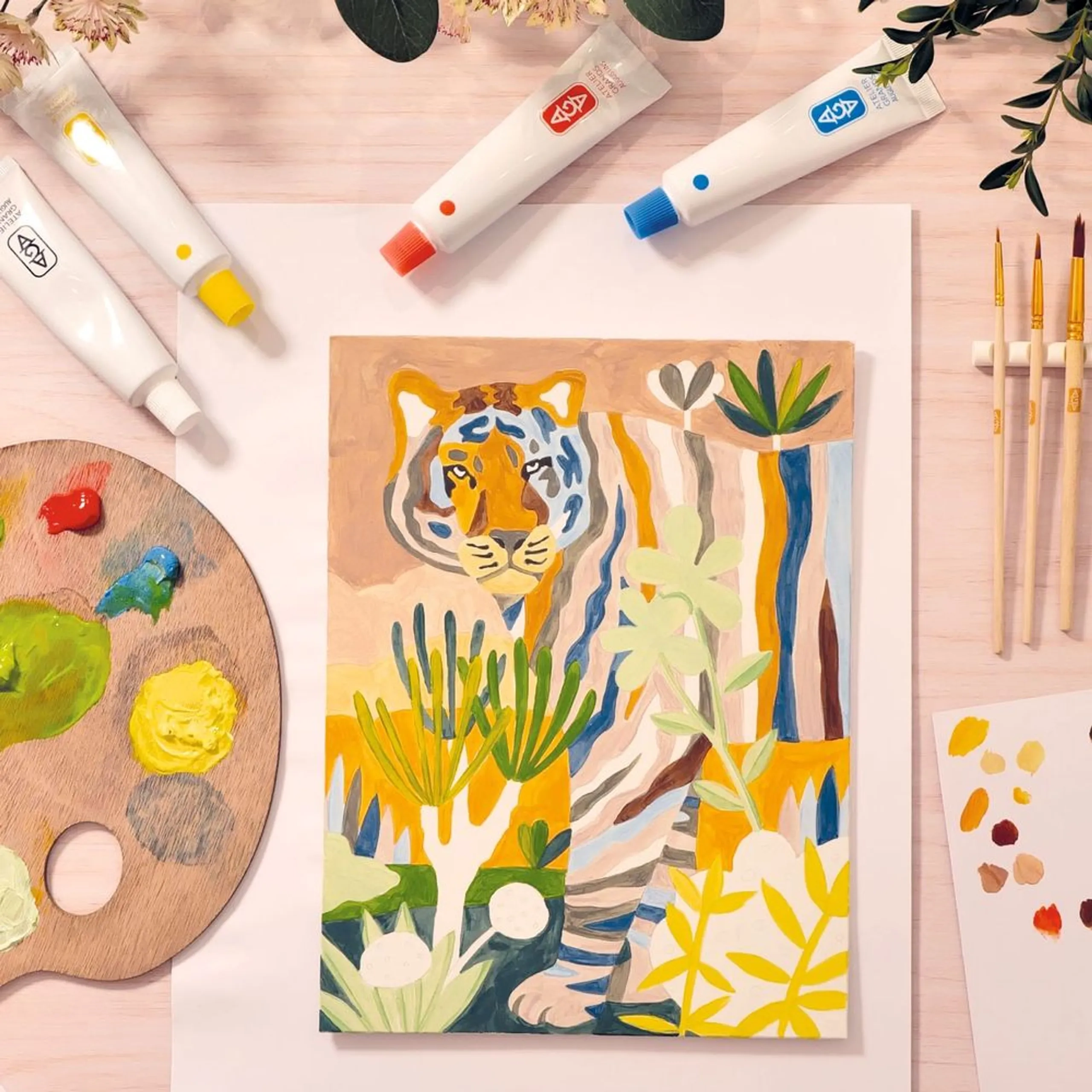 Atelier 22 - acrylic paints brushes wooden palette printed canvas frame