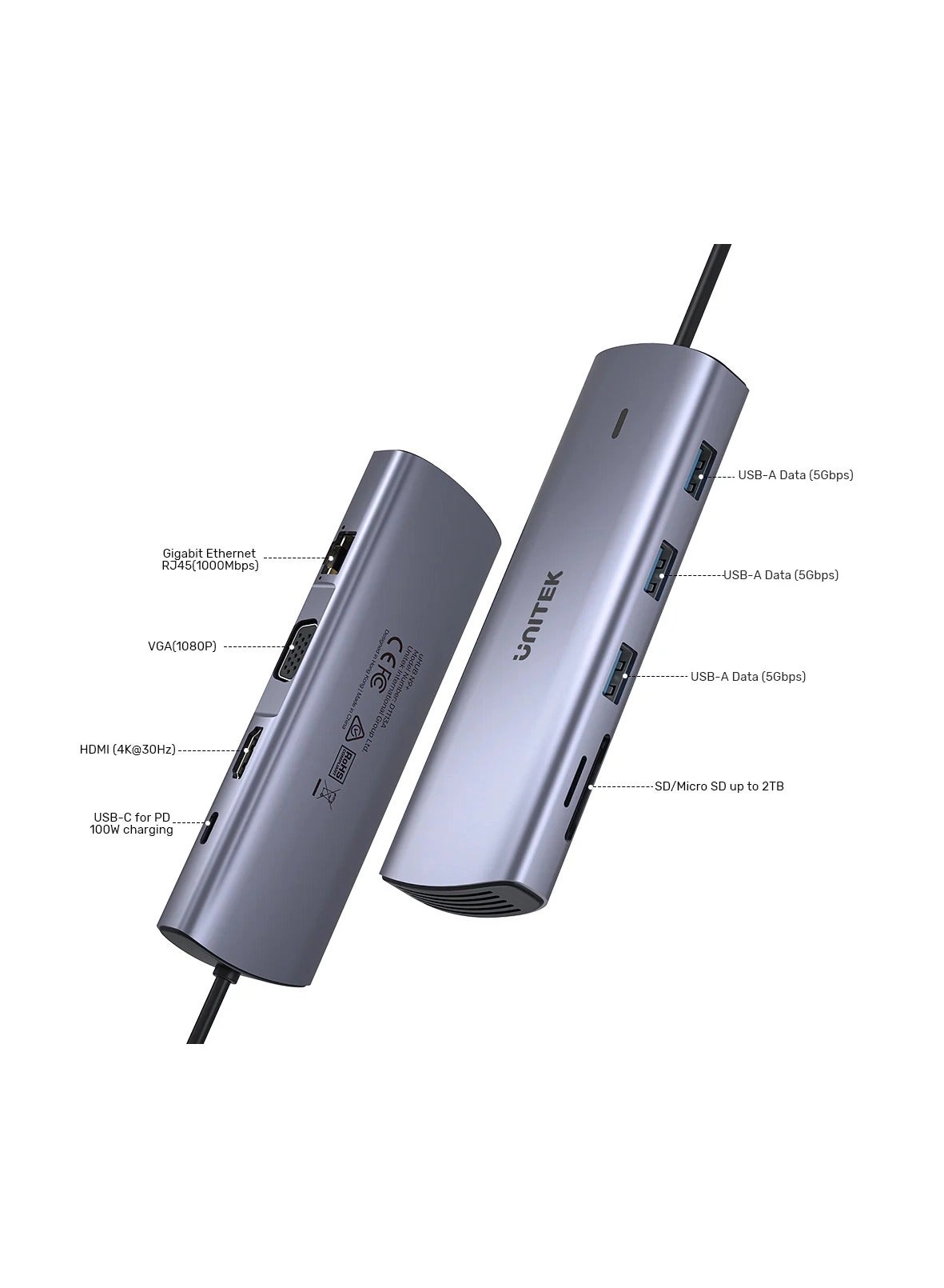 D1113A - 9-in-1 USB-C Hub 3x USB-A 5Gbps HDMI 4K@30Hz PD 100W