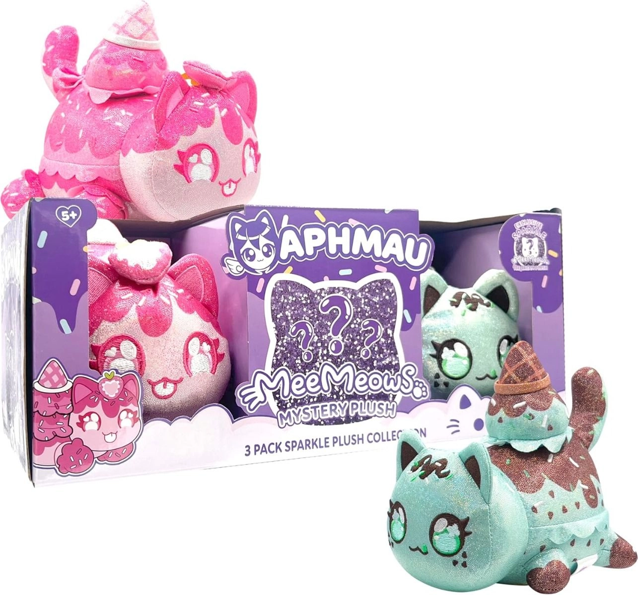 MeeMeow Sparkle Strawberry Cat 15.2 cm Plush + MeeMeow Sparkle Mint Chip Cat 15.2 cm Plush + MeeMeow Sparkle Ice Cream 15.2 cm Plush